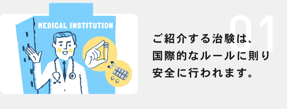 ご紹介する治験は、国際的なルールに則り安全に行われます。