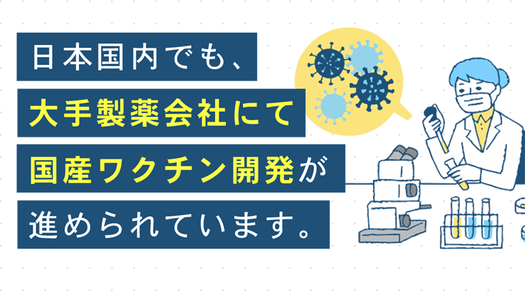 日本国内でも、大手製薬会社にて国産ワクチン開発が進められています。